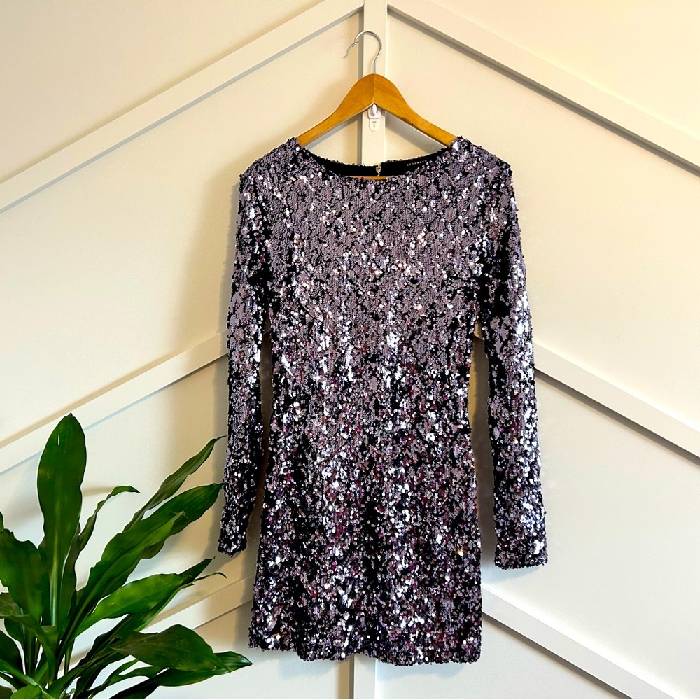 Purple Sequin Long Sleeve Dress